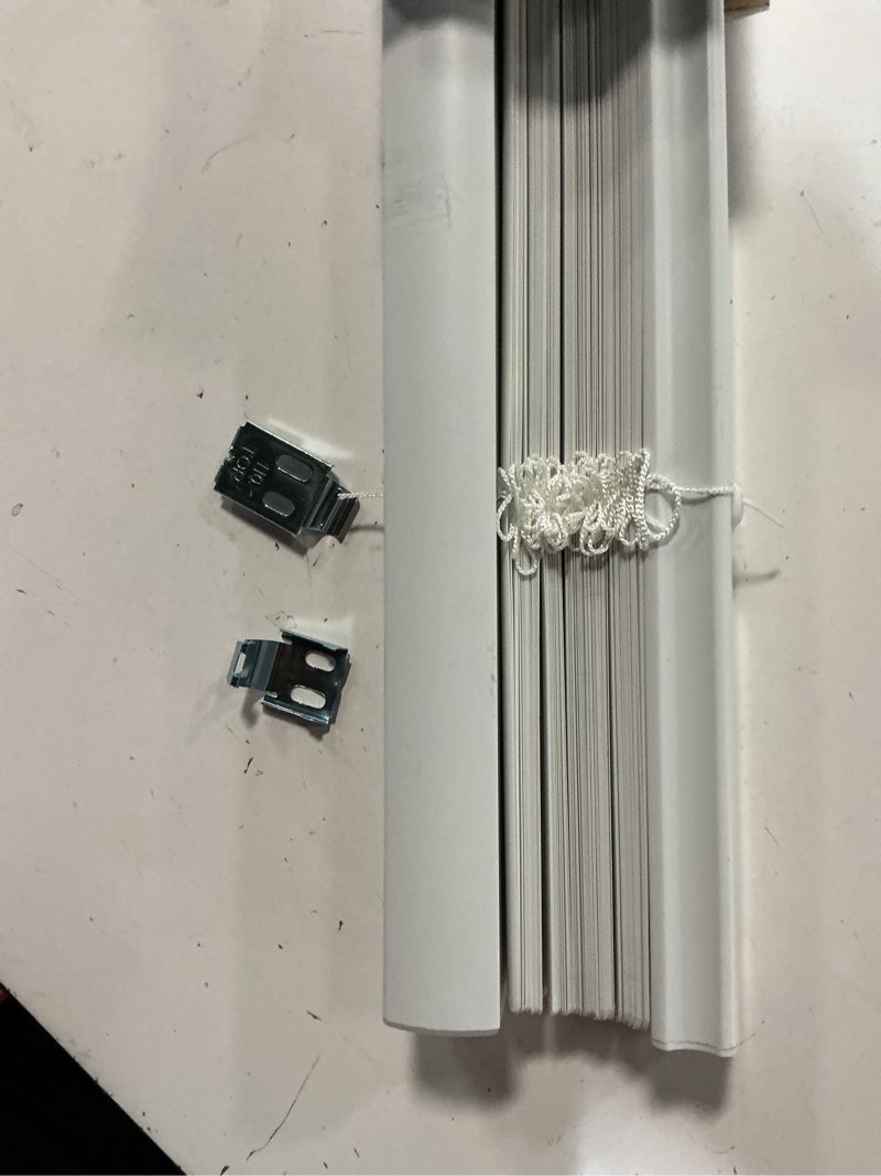 Condition photo showing As Is for project source light filtering 1-in slat width 27-in x 64-in cordless white vinyl light filtering 