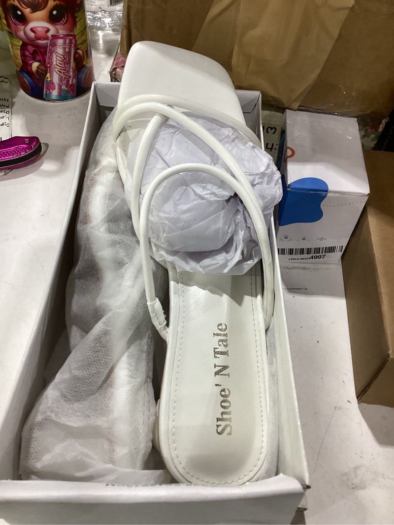 Condition photo showing As Is for shoe'n tale strappy heels for women chunky thong strap slip on mules square toe low kitten heeled sandals 10 white