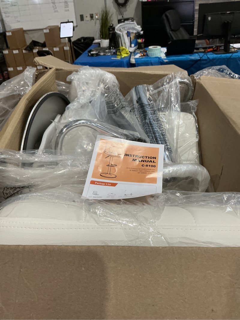 Condition photo showing As Is for concetta set  white swivel bar stools, adjustable pu leather with back & footrest