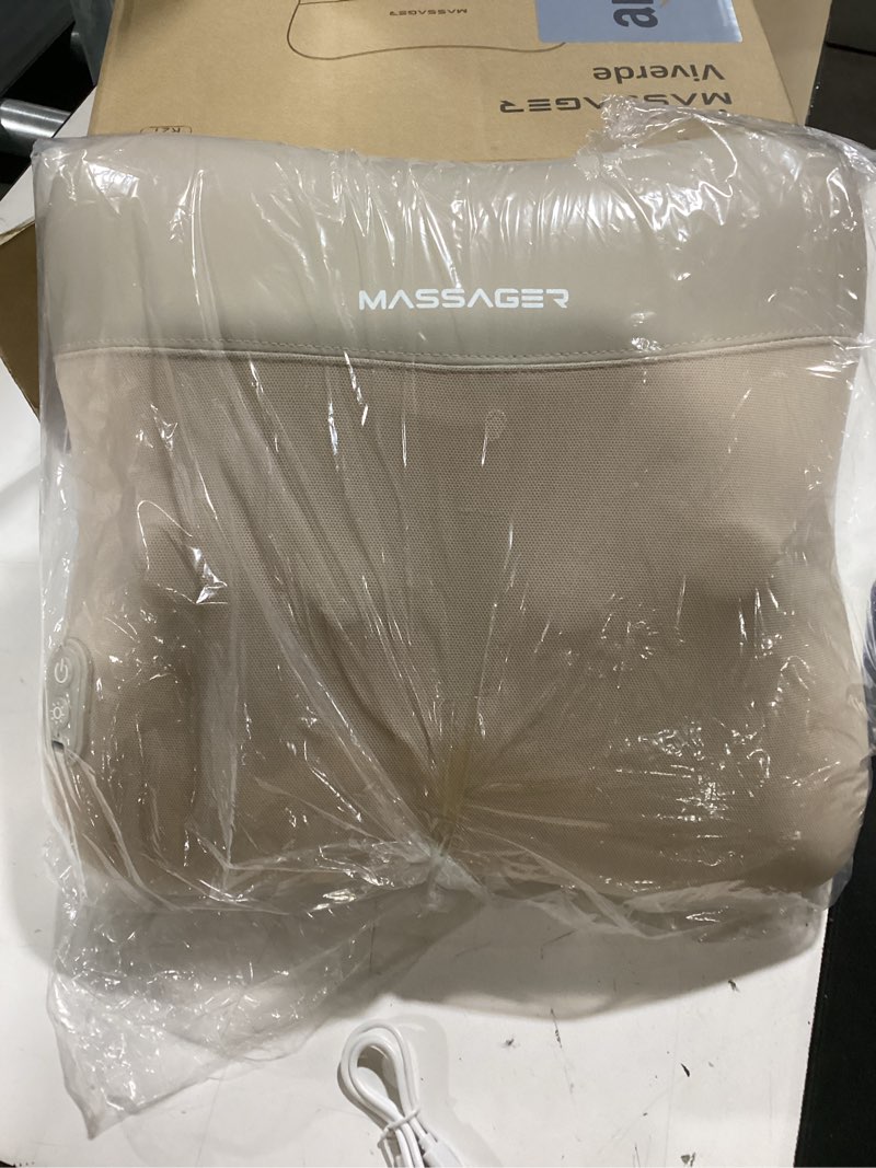 Condition photo showing As Is for 3-in-1 shiatsu massage pillow with heat, dual-side hot compress (100–122°f), 4 kneading nodes, 2000mah rechargeable battery, ergonomic support for neck, back & legs, cordless for home & office