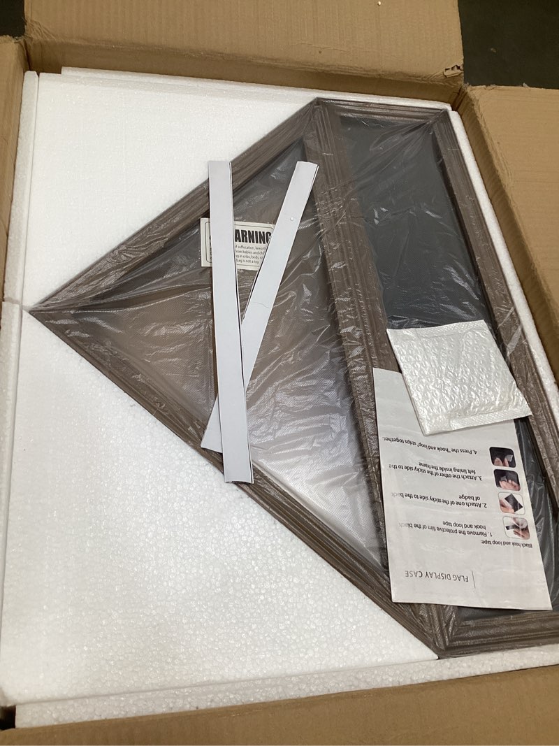 Condition photo showing As Is for large burial flag case - solid wood display case for 5x9.5 folded military flag with certificate holder - walnut finish large-walnut