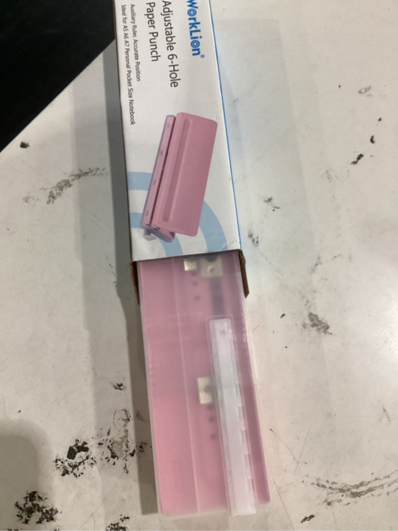 Condition photo showing New/Like New for worklion adjustable 6 hole punch: metal six hole puncher for planners and 6-ring binders with 6 sheet capacity for a4 / a5 / a6 / personal/pocket size (pink)