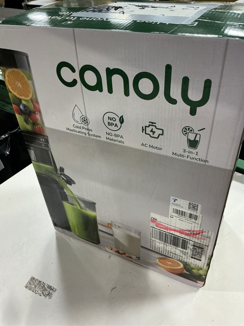 Condition photo showing New/Like New for canoly c16 cold press juicer, 6" extra wide feed chute, 3-in-1 strainers (juice & sorbet & nut milk), powerful ac brushless motor, self precut system, juicer machines with bpa-free (space gray)