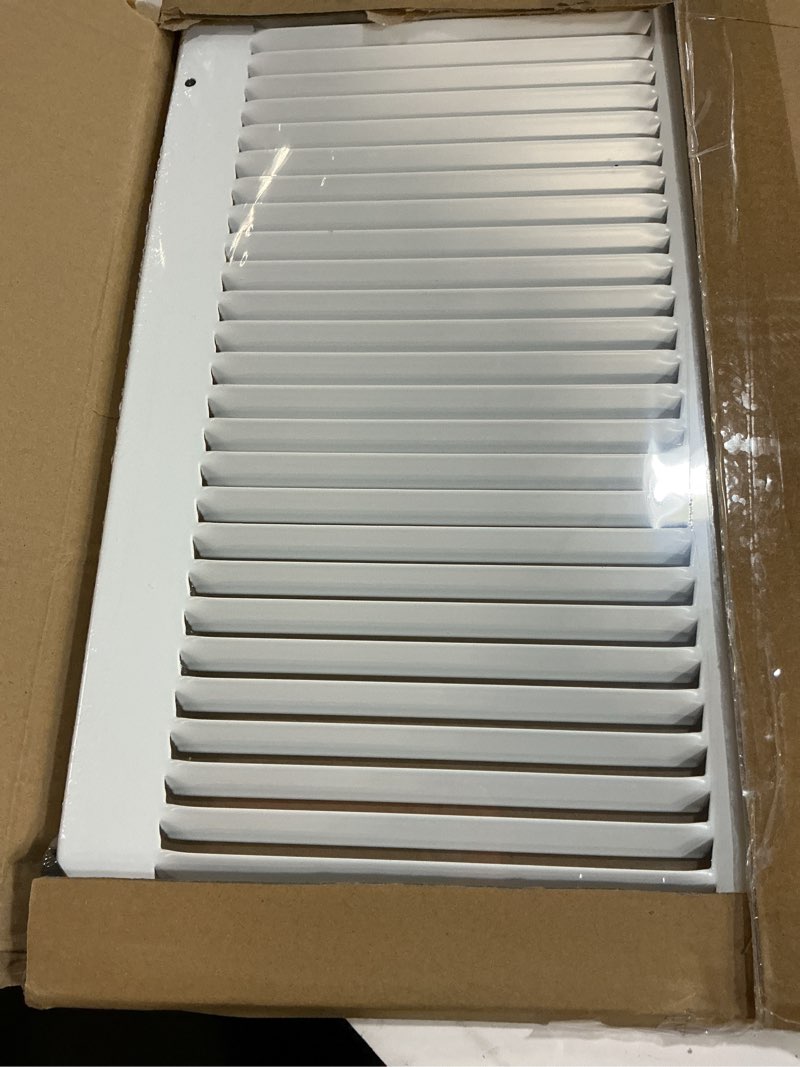 Condition photo showing Good Condition for fits 14x24 duct opening stamped steel return air grille vent cover grille for sidewall and ceiling in white surface dimensions: 15.75"w x 25.75"h (14" w x 24" h duct opening)