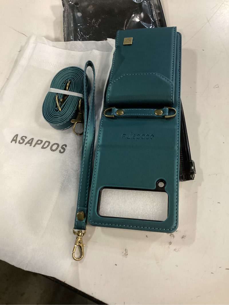 Condition photo showing Good Condition for asapdos crossbody case compatible with samsung galaxy z flip 4,retro pu leather strap wristlet flip case with magnetic closure and card holder for men women blue green for z flip 4 blue green