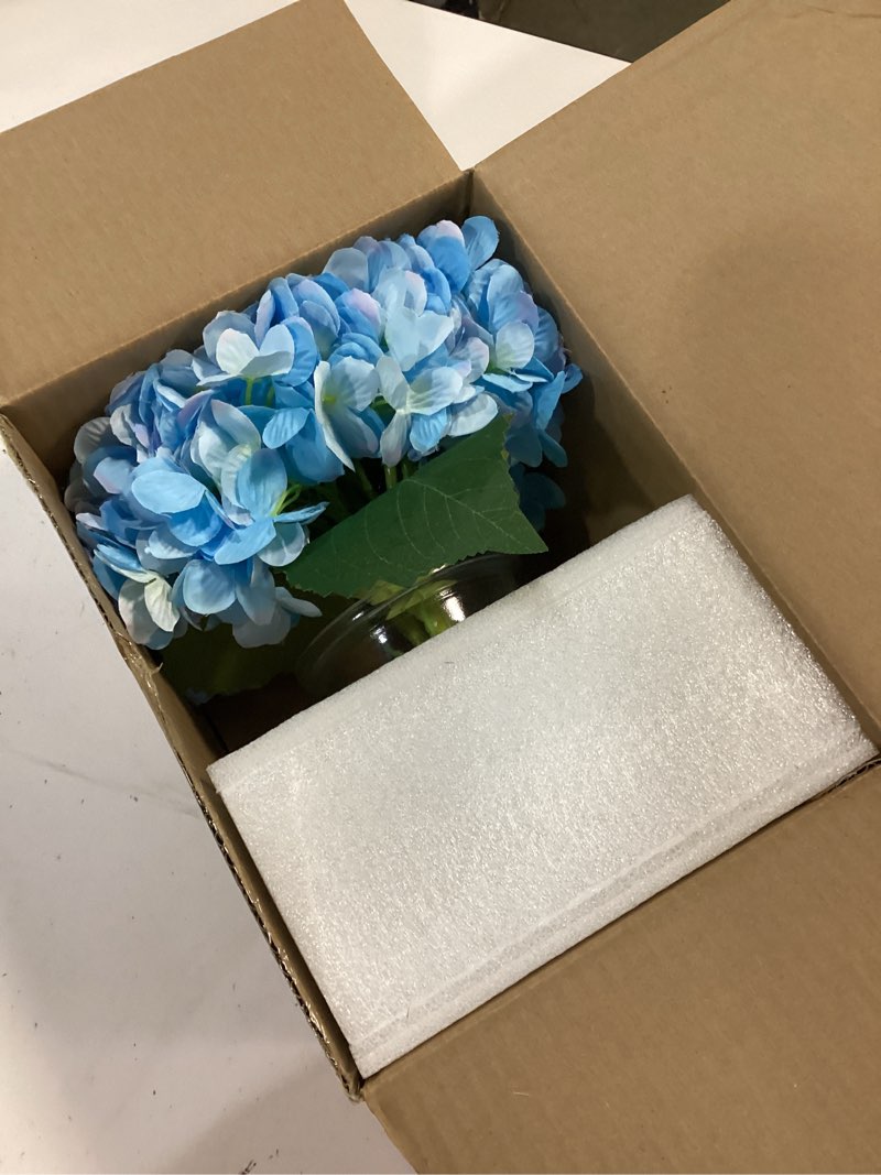 Condition photo showing New/Like New for Hollyone Hydrangea Artificial Flowers with Vase Blue Silk Fake Flowers Arrangements in Glass Vase with Faux Water Faux Floral Bulk Bouquet for Home Decor Bathroom Table Centerpiece Shelf Decorations Hydrangea, Blue