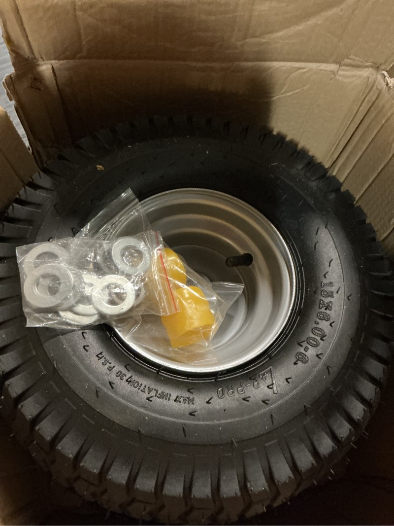 Condition photo showing Good Condition for ar-pro (2-pack) 15 x 6.00-6 tire and wheel assembly, replacement pneumatic front lawn mower tires for riding mower, 3" offset hub and 3/4" bushings, 4ply, 500 lbs capacity 15 x 6.00-6" pneumatic (offset hub) silver