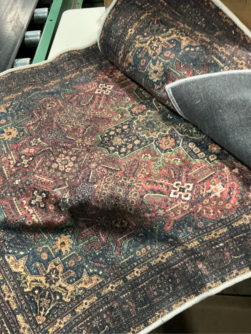 Condition photo showing As Is for bloom rugs washable non-slip 7 ft runner - red/teal blue/yellow traditional medallion runner for entryway, hallway, bathroom, and kitchen - exact size: 2.5' x 7' 2'6" x 7' (runner) red/teal blue/yellow