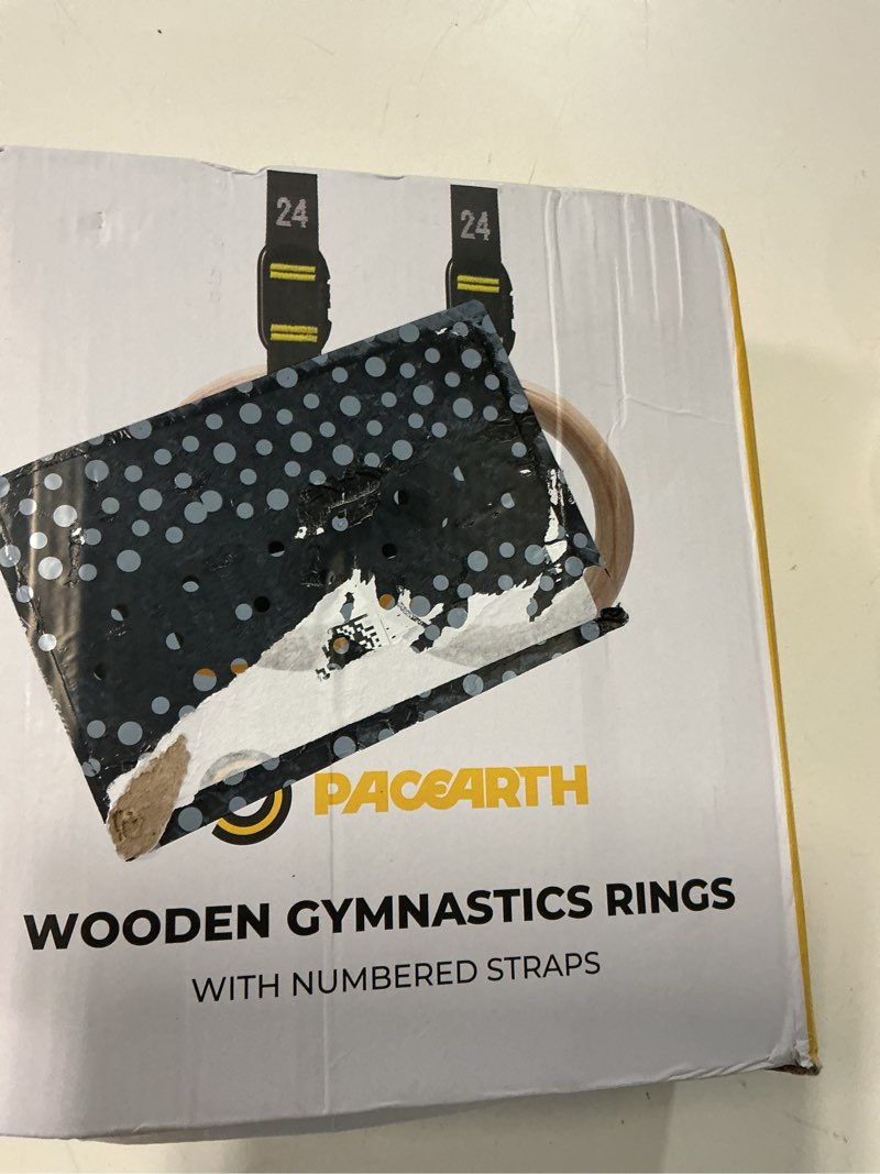 Condition photo showing New/Like New for pacearth gymnastics rings 32mm wooden olympic rings support 1500lbs locked carabiners 9ft double-layer numbered straps non-slip gym rings with foot straps door anchor for home gym full body workout 01-1.25" buckle rings & straps & door anchor & foot straps