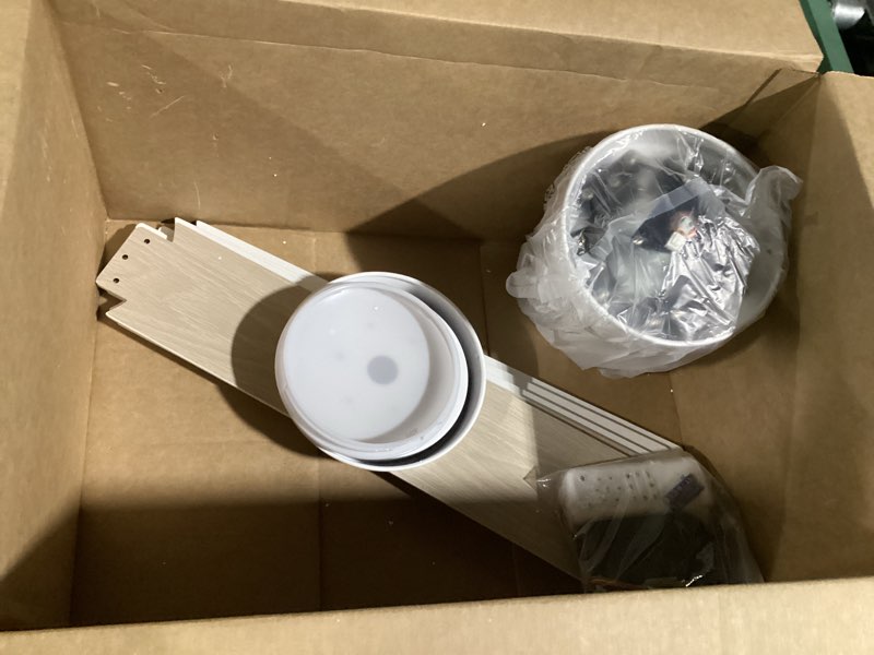 Condition photo showing As Is for tcl 52" modern ceiling fan with lights, 5 blades, 6 speeds dc reversible, dimmable, white flush mount for bedroom, living room and garage