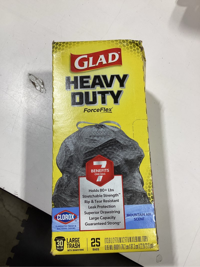 Condition photo showing New/Like New for Glad Large 30 Gallon Trash Bags, Clorox Mountain Air Heavy Duty Garbage Bags, Forceflex with Drawstring, 25 Count (Packaging May Vary) Mountain Air 25 Count (Pack of 1)
