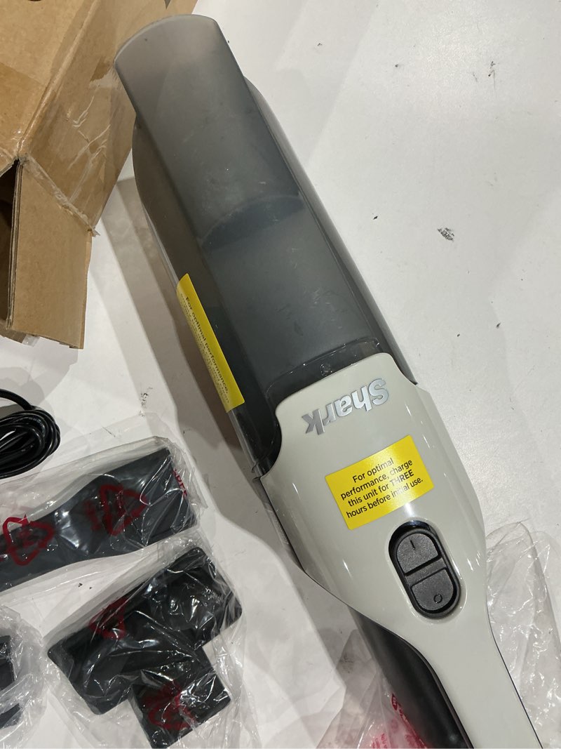 Condition photo showing As Is for shark cyclone pet handheld vacuum with, hypervelocity suction, powerful pet hair pickup, lightweight, xl dust cup, including upholstery tool, 8" crevice tool, scrubbing brush, pearl white, aa701