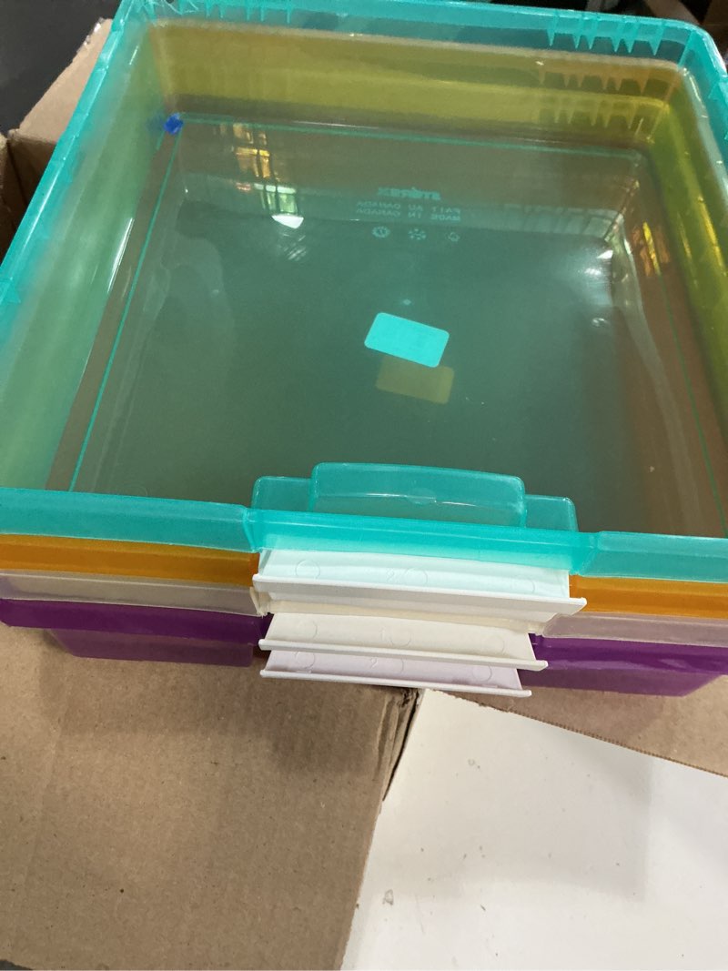 Condition photo showing As Is for (incomplete , on,y 4 pack) (damage)storex classroom craft project box – stacking plastic organizer fits 12x12 scrapbooking paper, assorted steam colors, 5-pack (63202c05c)