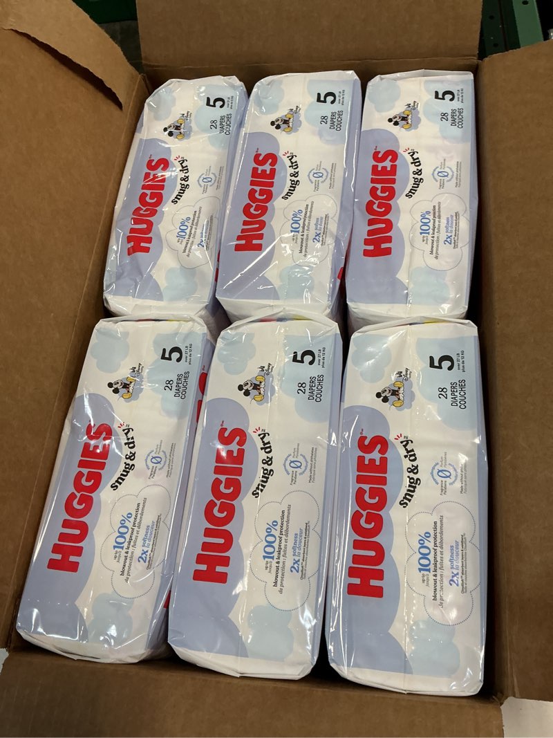 Condition photo showing New/Like New for huggies size 5 diapers, snug & dry baby diapers, size 5 (27+ lbs), 168 count (6 packs of 28), packaging may vary size 5 168
