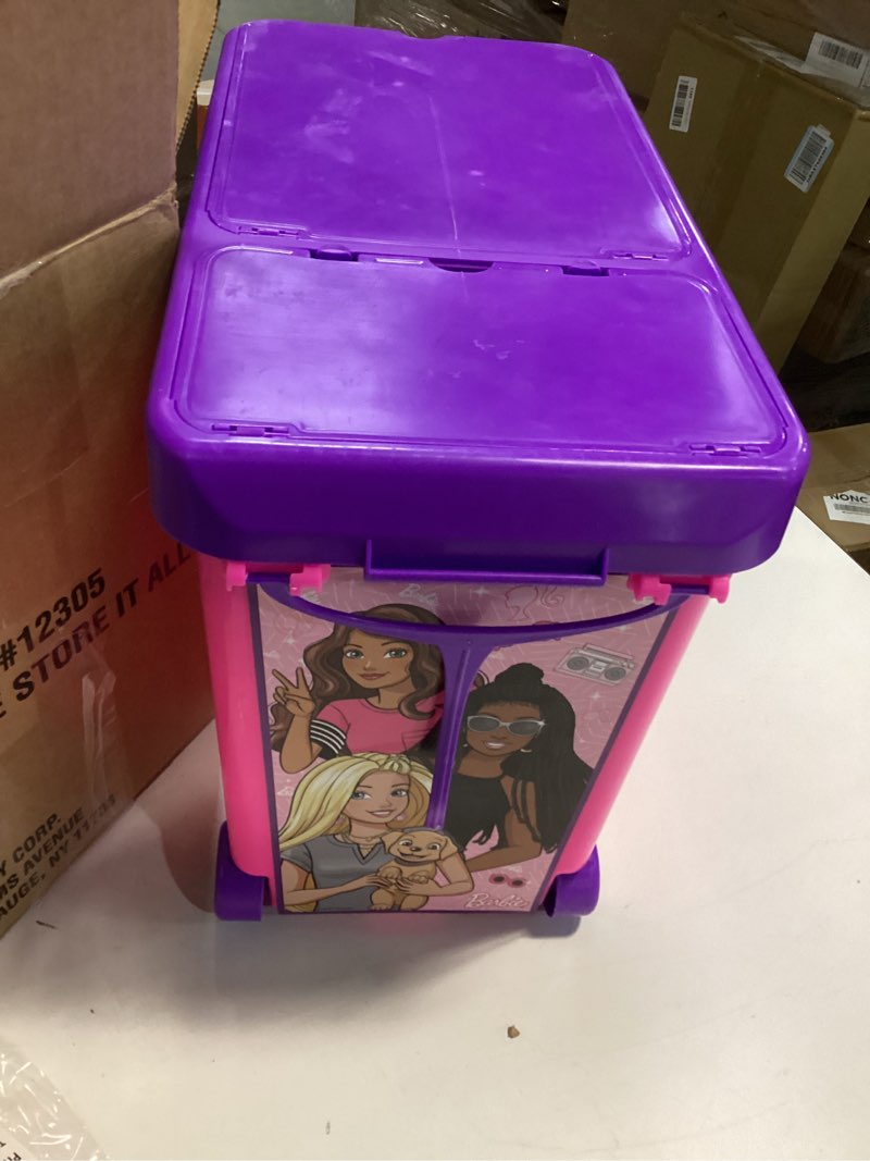 Condition photo showing Good Condition for Barbie Store It All! Rolling Storage Bin – Extra-Large Organizer Case with Wheels & Handle for Barbie Dolls, Clothes, Accessories & Playsets – Pink Portable Travel Toy Box Rolling Case