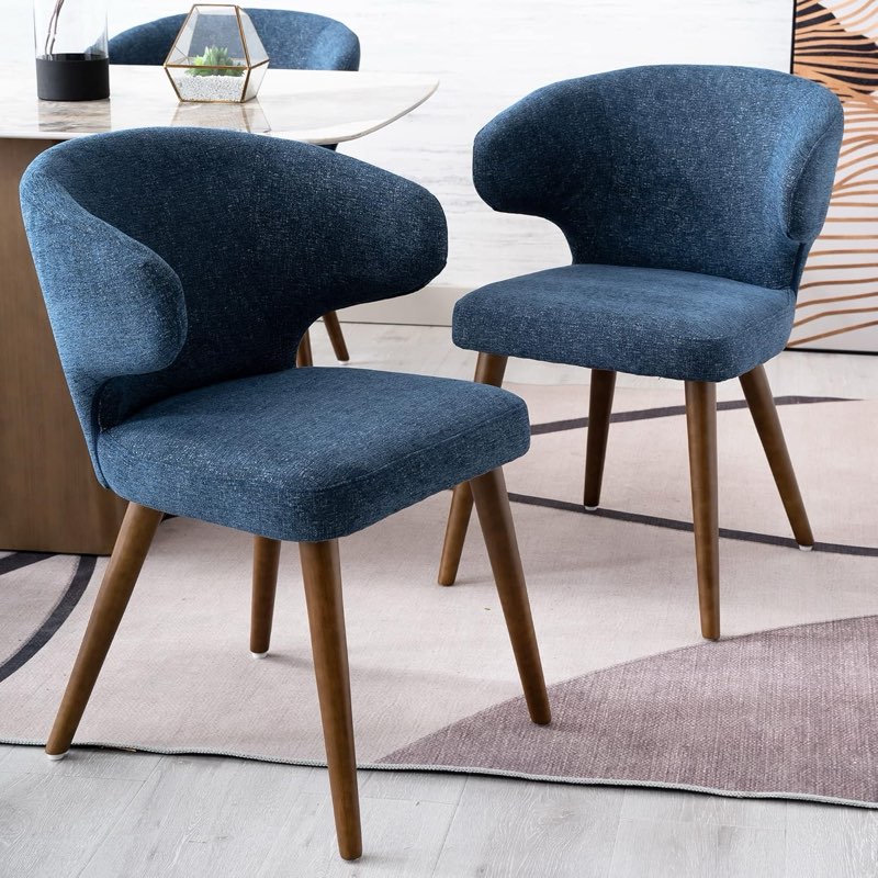 Modern Dining Chairs Set of 2, Upholstered Curved Wingback Accent Arm Chairs, Linen Side Chairs with Solid Wood Legs, Navy Blue