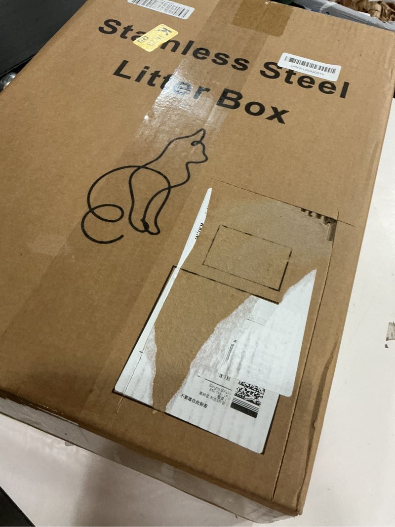 Condition photo showing Good Condition for Stainless Steel Cat Litter Box, Odor Free Metal Litter Box with High Sides Lid, Open Top Low Entry Litter Pan Include Scoop Easy Cleaning Anti-Scratch Kitty Cat Box Anti-Urine Leakage, Non-Sticky