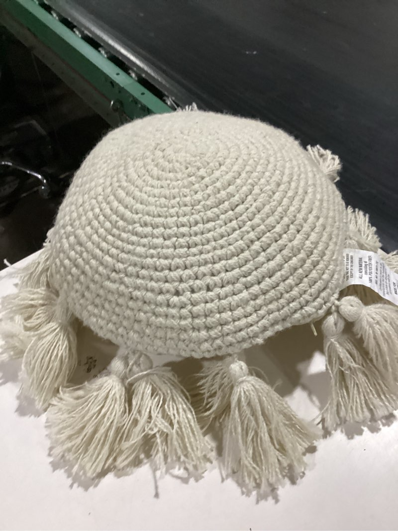 Condition photo showing As Is for allen + roth solid cream crochet round throw pillow