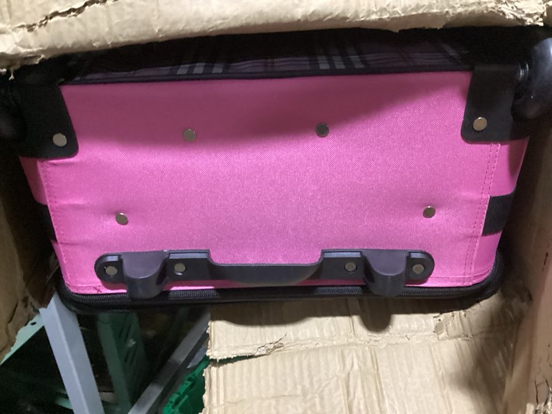 Condition photo showing As Is for rockland fashion softside upright luggage set, pink plaid, 4-piece set (14/19/24/28) 4 piece (28"/24"/19"/14" tote) pink cross