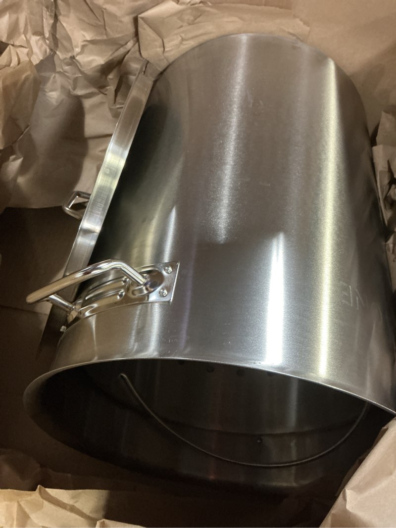 Condition photo showing As Is for GasOne Stainless Steel Stockpot with Basket – 36qt Stock Pot with Lid and Reinforced Bottom – Heavy-Duty Cooking Pot for Deep Frying, Turkey Frying, Beer Brewing, Soup, Seafood Boil – Satin Finish