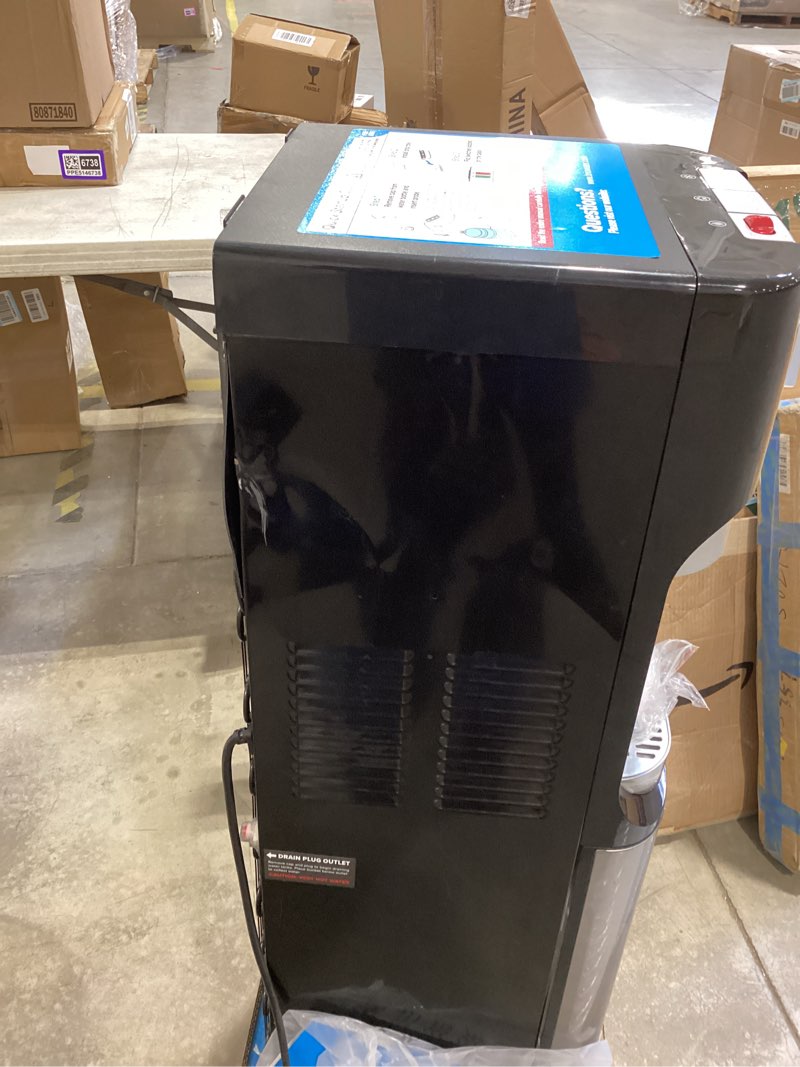 Condition photo showing As Is for brio bottom loading water cooler dispenser for 5 gallon bottles - 3 temperatures with hot, room & cold spouts, child safety lock, led display with empty bottle alert, stainless steel