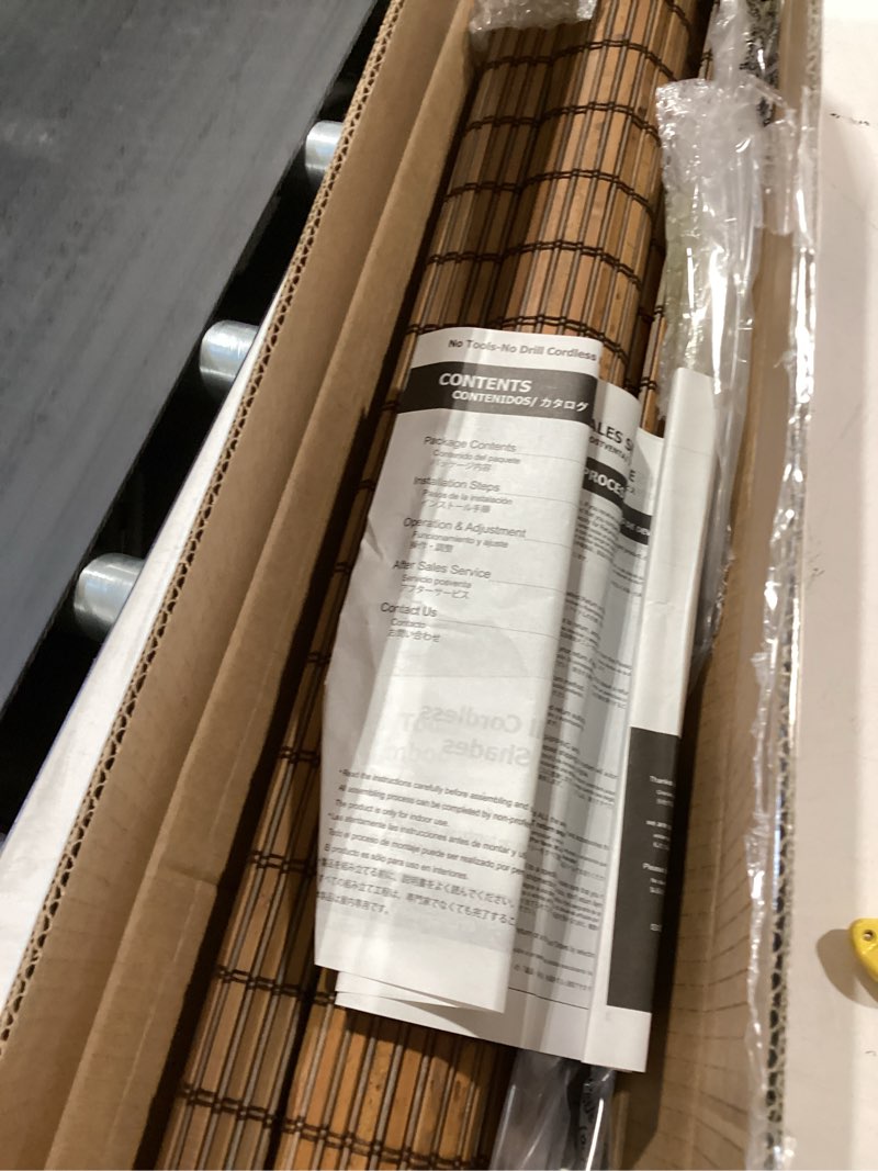 Condition photo showing Good Condition for lazblinds no-drill cordless roman shade - light filtering natural wood, easy install bamboo blind for windows 31" w x 48" h, malay umber malay umber 31"w x 48"h