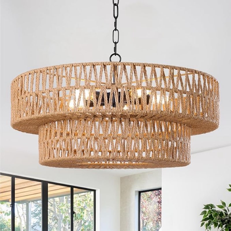 (Similar )LamQee 22 Inch Farmhouse Rattan Chandeliers, 5 Lights Boho Chandelier Light Fixture with Hand Woven Wicker Shade, Large Rattan Pendant Lights Ceiling Hanging Lighting for Dining Room Kitchen Island