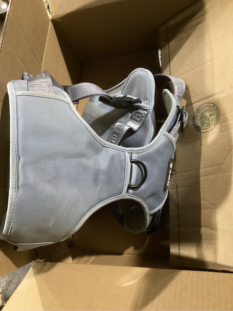 Condition photo showing As Is for 2026 new editions, fei and eve cloud magease dog harness, quick-release buckles, reflective, 3-point no-pull control, breathable mesh, adjustable fit, medium, dusk blue dusk blue m