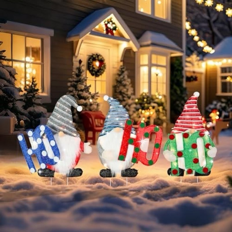 MUMTOP Gnome Lighted Outdoor Christmas Decorations, 3 Pack Tinsel Gnomes Yard Stakes Indoor Lighted 
