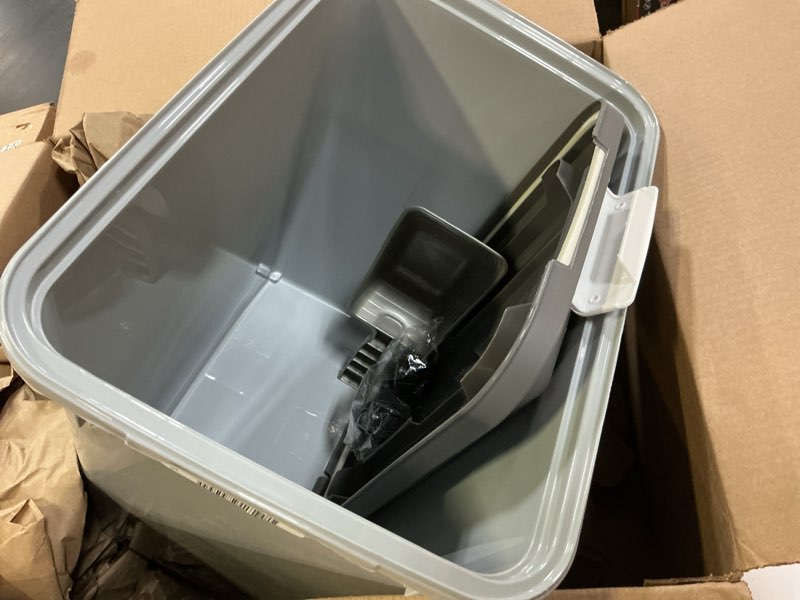 Condition photo showing Good Condition for iris usa dog food storage container with wheels, airtight lid, 2-cup scoop, up to 30 pounds pet food storage, built in scoop storage in lid, versatile pet food bin, portable, bpa free, gray/dark gray 30 lbs gray/dark gray