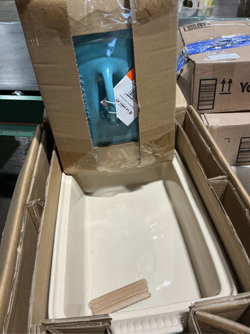 Condition photo showing Good Condition for Le Creuset Stoneware Heritage Covered Rectangular Casserole, 4 qt. (12" x 9"), Caribbean