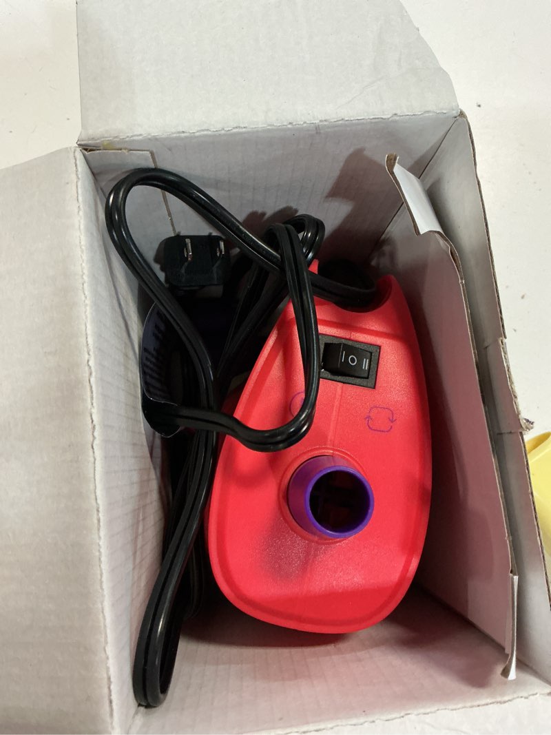 Condition photo showing As Is for balloon time electric air inflator for balloons, party decor, pool floats & air mattresses, dual nozzle portable pump
