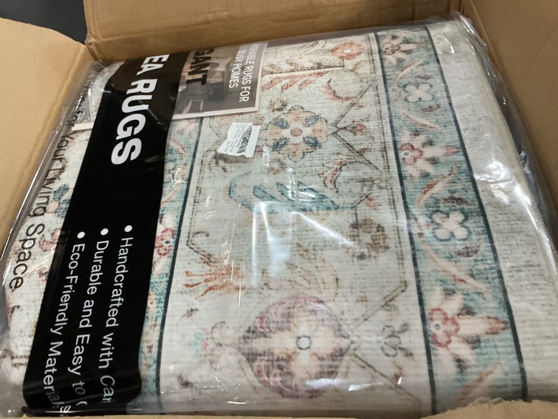 Condition photo showing Good Condition for Tortania Area Rug Living Room Rugs - 9x12 Washable Boho Rug Vintage Oriental Distressed Farmhouse Large Thin Indoor Carpet for Living Room Bedroom Under Dining Table Home Office - Aqua Multi 9' x 12' (Rectangular) Aqua Multi