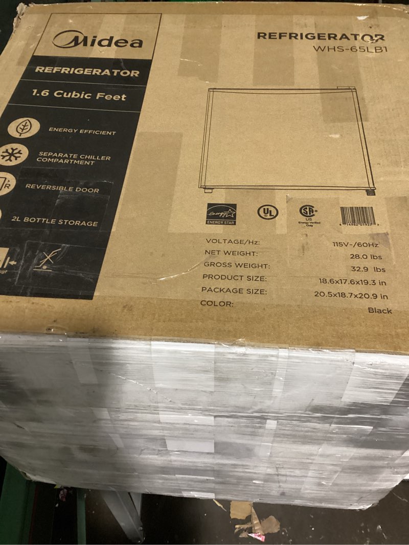 Condition photo showing As Is for midea whs-65lb1 compact single reversible door refrigerator, 1.6 cubic feet(0.045 cubic meter), black black 1.6 cubic feet