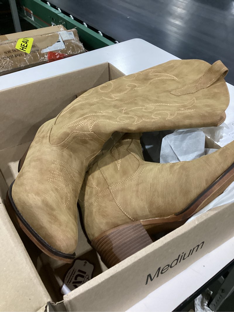 Condition photo showing Good Condition for iuv cowboy boots for women western cowgirl boots with chunky heel mid calf snip toe ideal for low insteps 9 camel