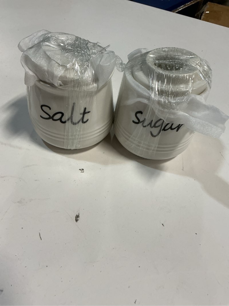 Condition photo showing New/Like New for Salt and Sugar Bowls with Lid and Spoon -12 oz Ceramic Salt and Sugar Cellar Set, Salt and Sugar Containers, Spice Box for Counter, Farmhouse Kitchen Decor, White