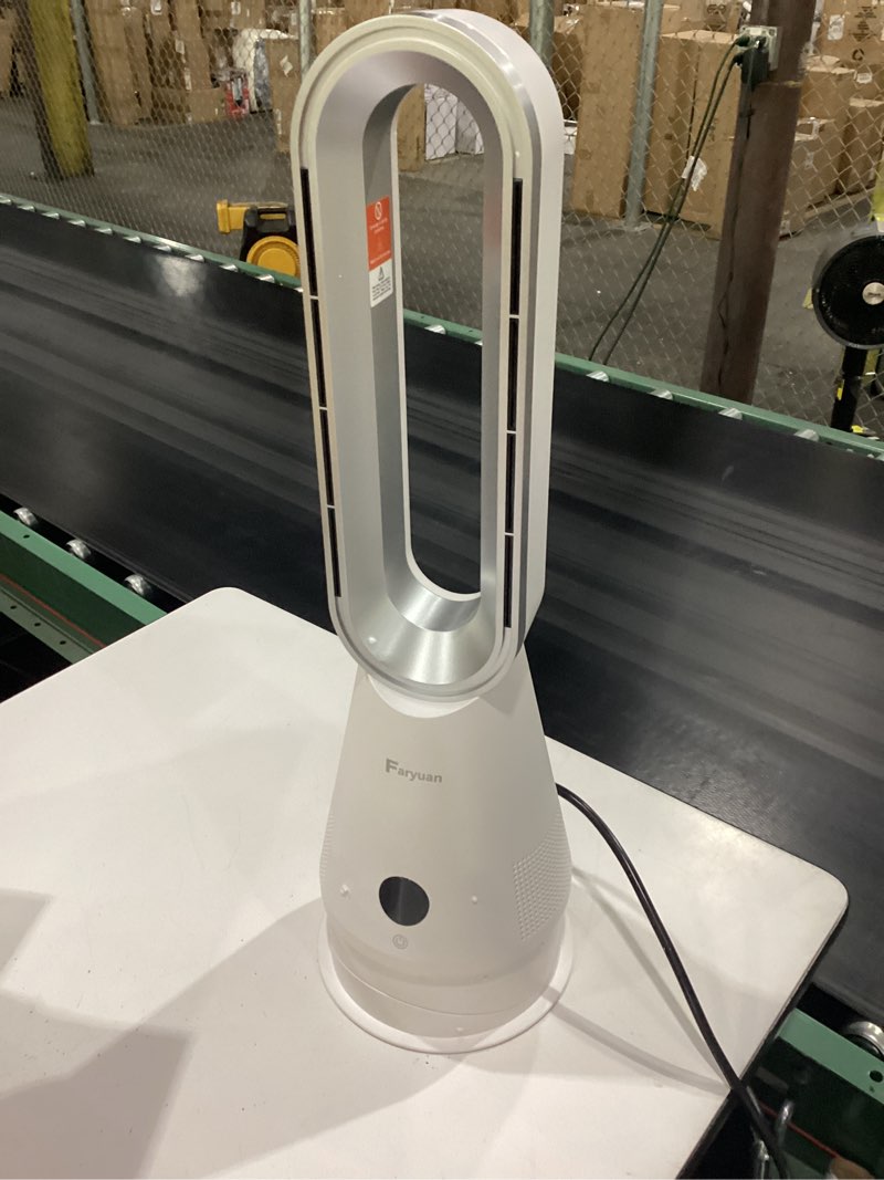 Condition photo showing New/Like New for **not tested**  bladeless heater fan, 25inch heating & cooling & filter combo tower fan 80° oscillating with remote, 9h timer, 8 speeds, portable quiet for indoor, bedroom, home office room, white&sliver 25inch heating & cooling & filter white