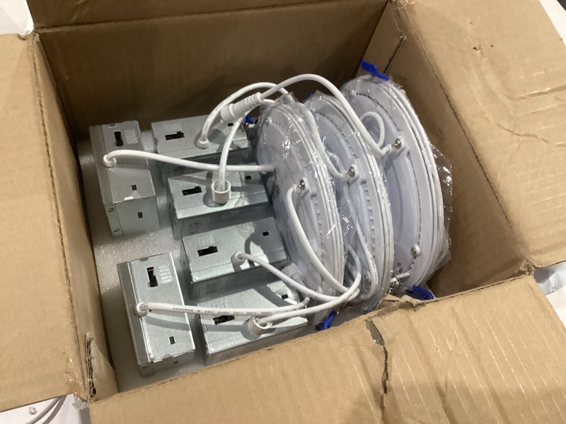 Condition photo showing As Is for ensenior 6 pack 6 inch led recessed light, dimmable, 2700k-5000k 5cct, 1200lm high brightness, 12w 120v, damp rated, erl-12x-etl, ultra-thin canless wafer ceiling light - etl & fcc & ic 6 inch 2700/3000/3500/4000/5000k - 5cct white