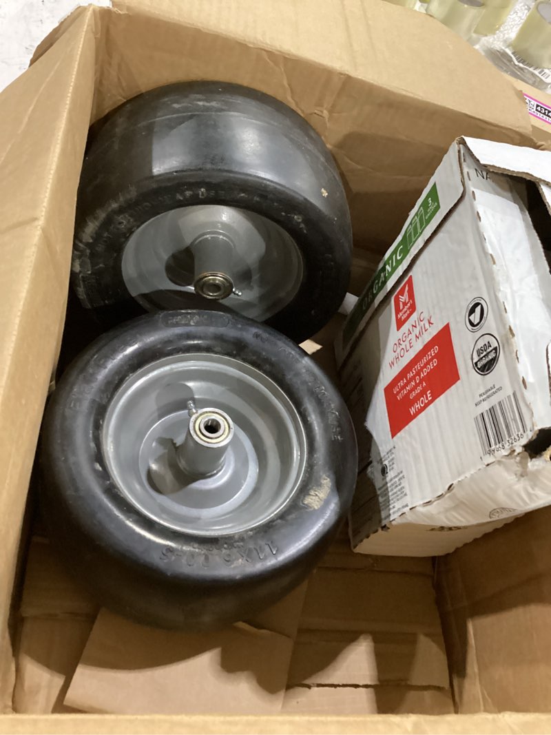 Condition photo showing As Is for ronpow 11x6.00-5 flat free lawn mower tire and wheel, 11x6x5 solid front tires for zero turn mower, 400lbs load, 3/4", 5/8" and 1/2" bearings, 5.31"-7.71" hub for residential commercial, 2pack black