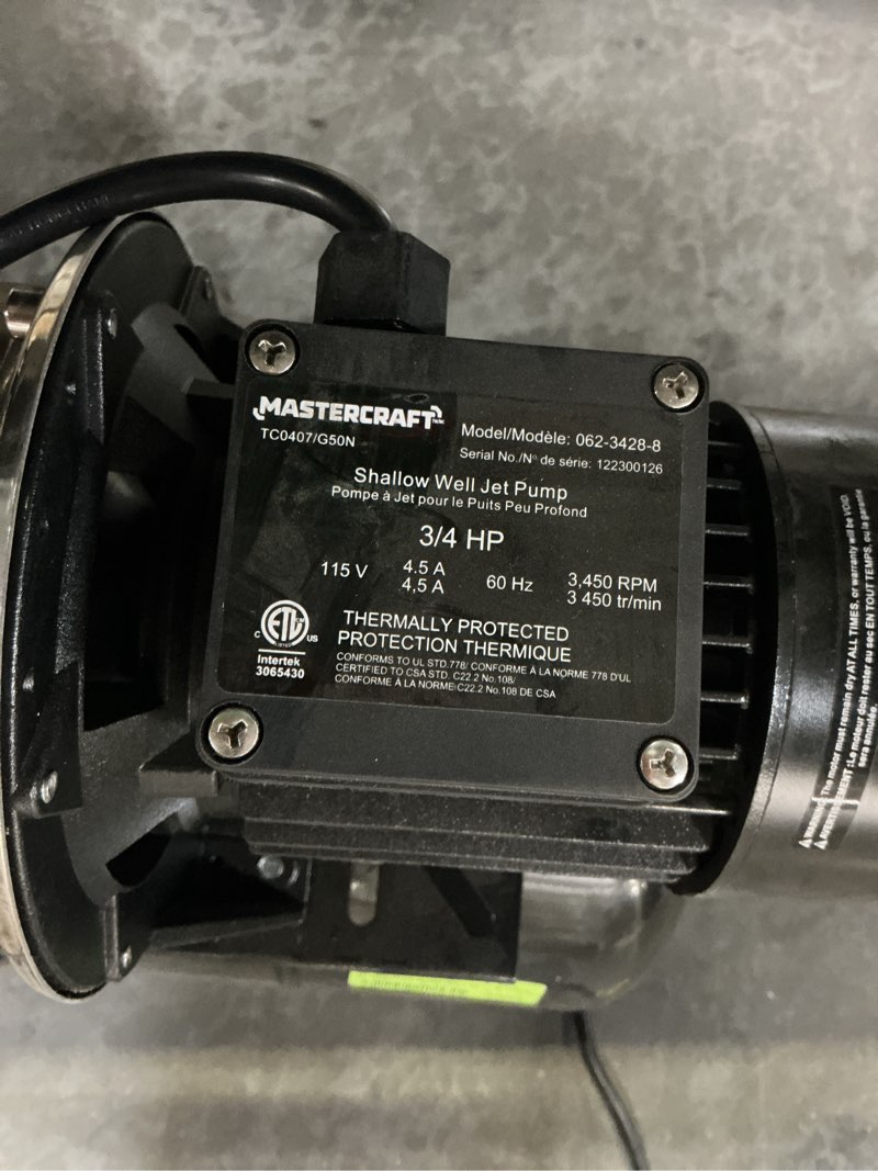 Condition photo showing As Is for mastercraft shallow well electric jet pump 3/4 hp