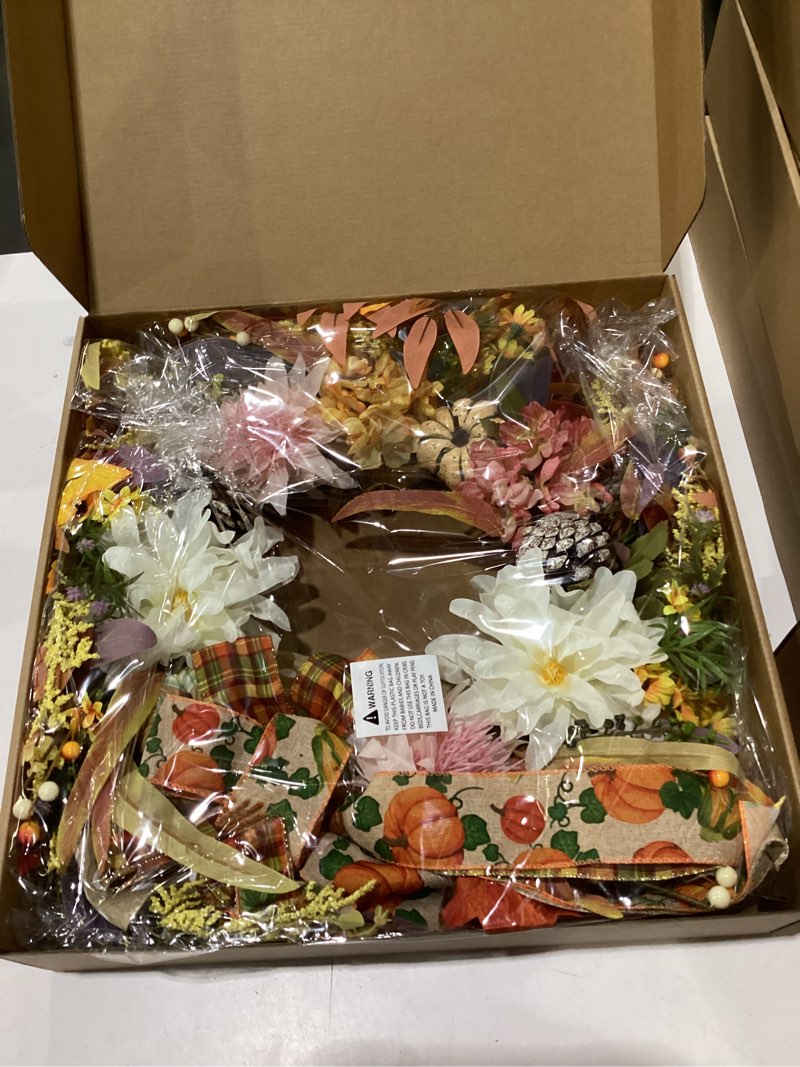 24" Fall Wreaths for Front Door Outside, Autumn Thanksgiving Harvest Wreath with Pumpkins Dahlias Pi