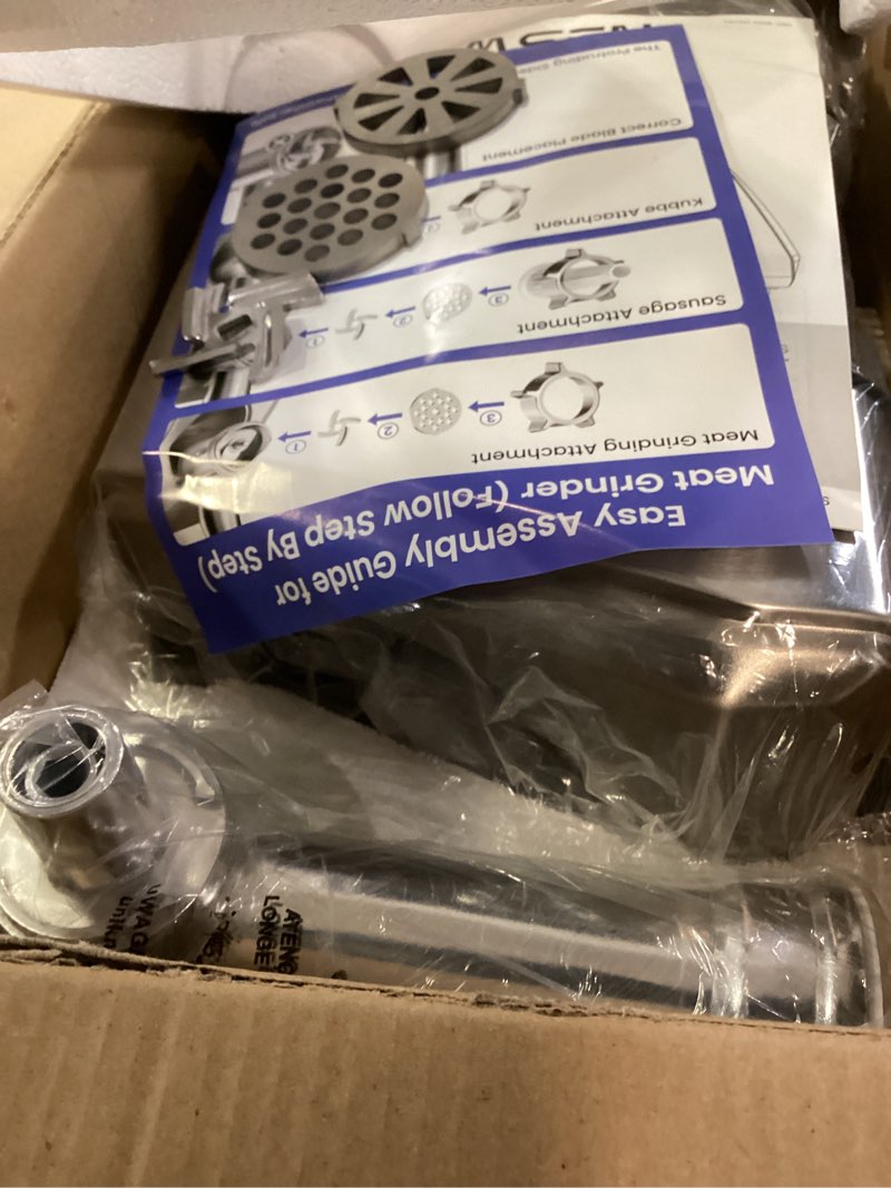 Condition photo showing New/Like New for airmsen stainless steel meat grinder, electric 3 in 1 meat mincer with 2 blades & 3 plates, sausage & kubbe maker kit, fixed lock, double switch, food grinder for home kitchen use