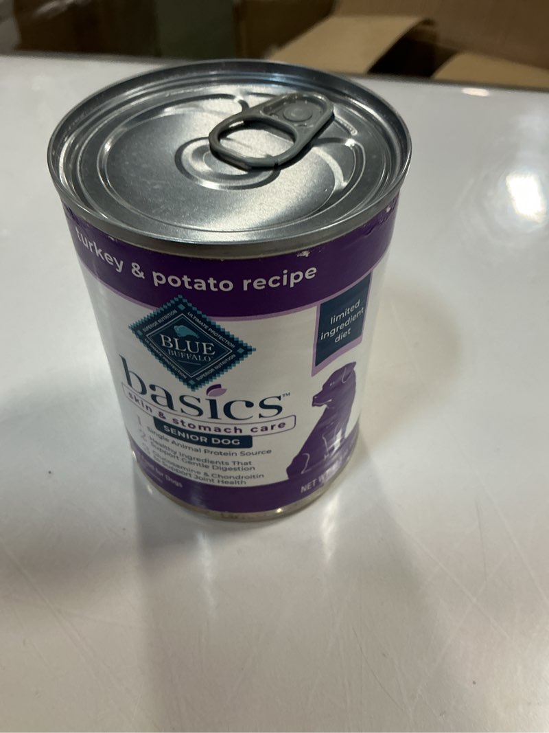Condition photo showing New/Like New for (Best by: 2027/ Aug/31) Blue Buffalo Basics Grain-Free Senior Wet Dog Food, Skin & Stomach Care, Limited Ingredient Diet, Turkey Recipe, 12.5-oz. Cans, 12 Count