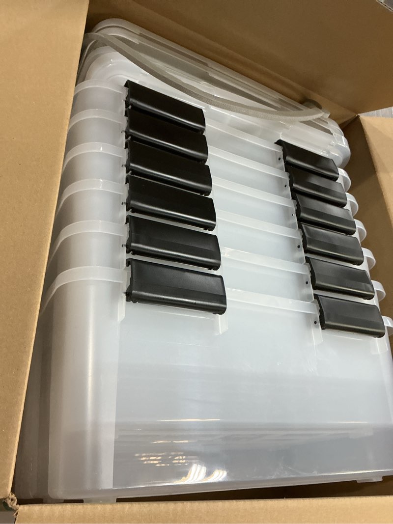 Condition photo showing As Is for IRIS USA WeatherPro 19 Qt Storage Bins with Lids, 6 Pack, BPA-Free Plastic Gasket Box with Tight Latch and Seal, Stackable Nestable Tote Tub - Clear/Black Latching Lid Clear 19 Qt. - 6 Pack