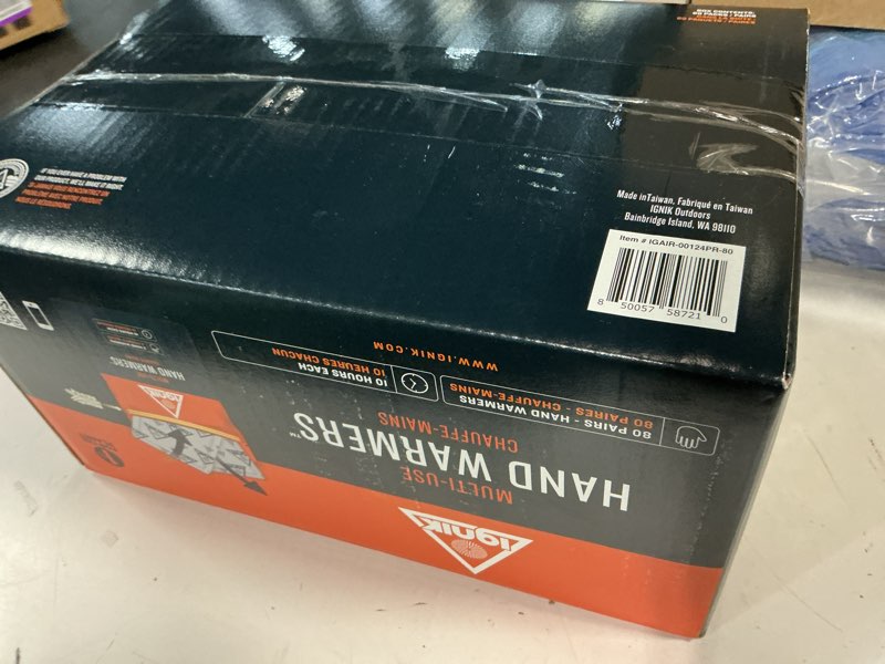 Condition photo showing New/Like New for ignik resealable multiple-use hand warmers for 10 hours of heat across 72 hours 80 pairs