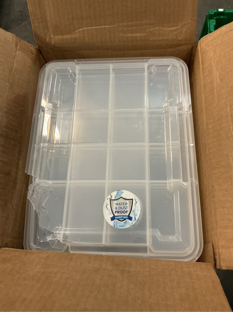 Condition photo showing As Is for  (6 pack) sterilite small gasket tote, 5 gallon ip68 waterproof plastic storage bin with lid, gasket seal and durable latches, black