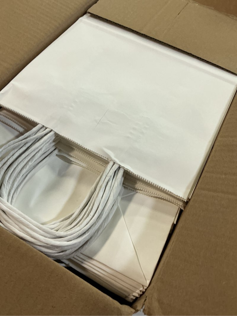 Condition photo showing New/Like New for bag box 100 pack 8.25x4.3x10.6 inch white gift bags with handles,bulk kraft paper bags for shopping, retail, merchandise, wedding, party favors, paper grocery sacks white 8.25 * 4.3 * 10.6 inch?pack of 100?
