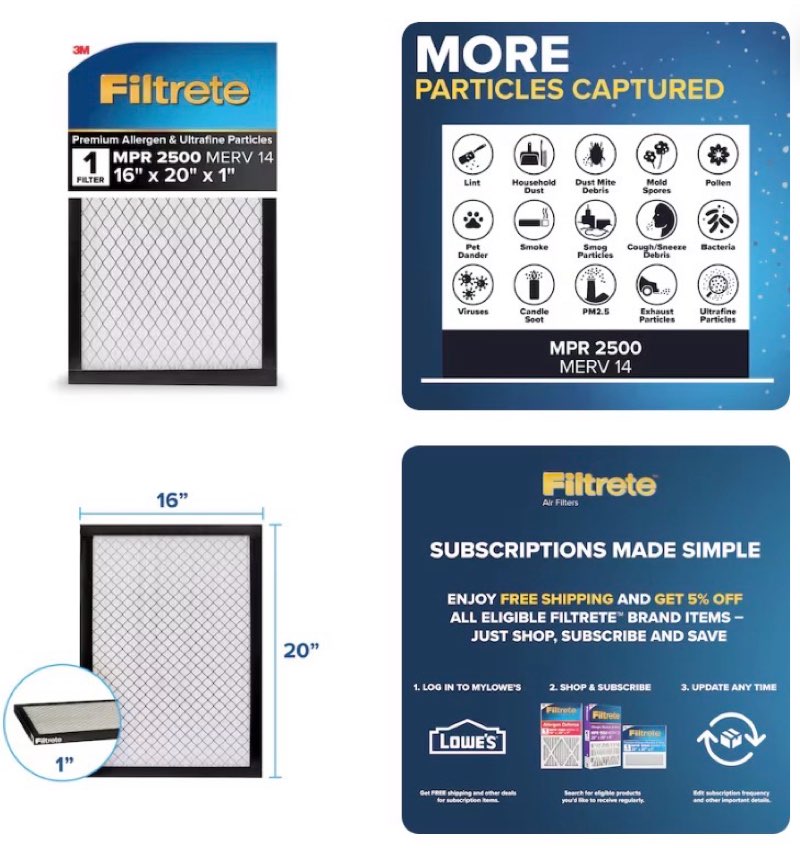 filtrete 16 x 20 x 1 merv 14 2500 mpr premium allergen ultrafine particles electrostatic pleated air