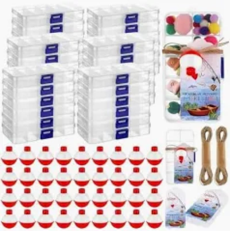 Wonderjune 12 Sets Fishing Party Favors Candy Little Tackle Boxes with Red White Floater Thank You C