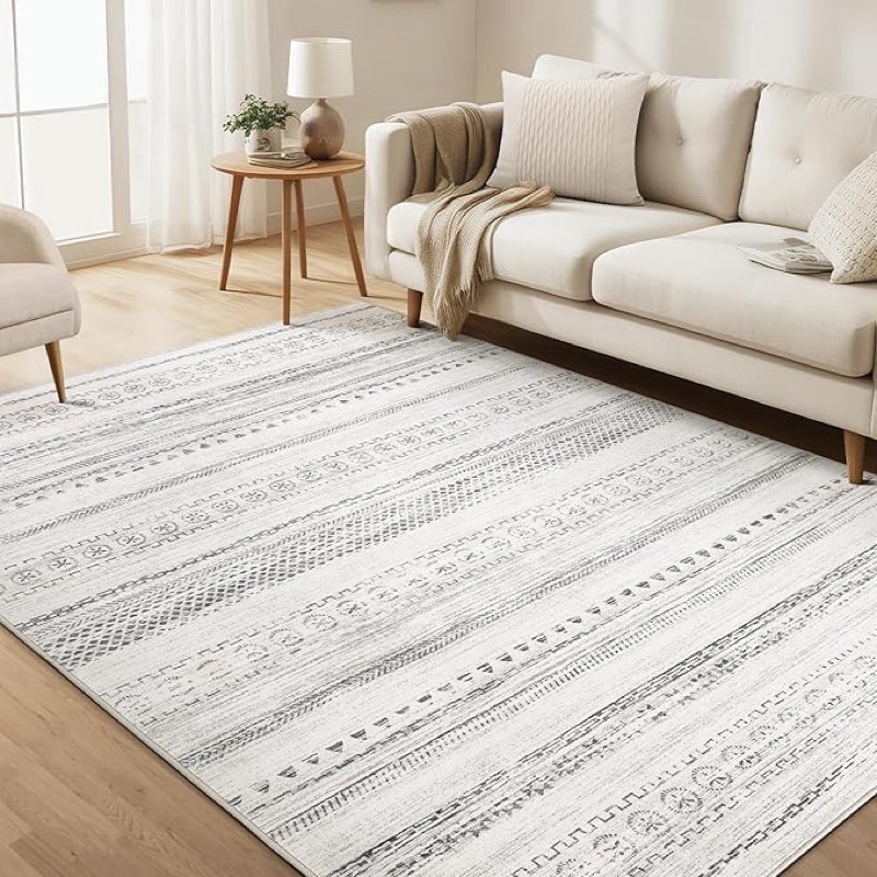 kakania 6x9 washable area rug: non slip soft thin carpet, boho geometric modern decor, easy clean in
